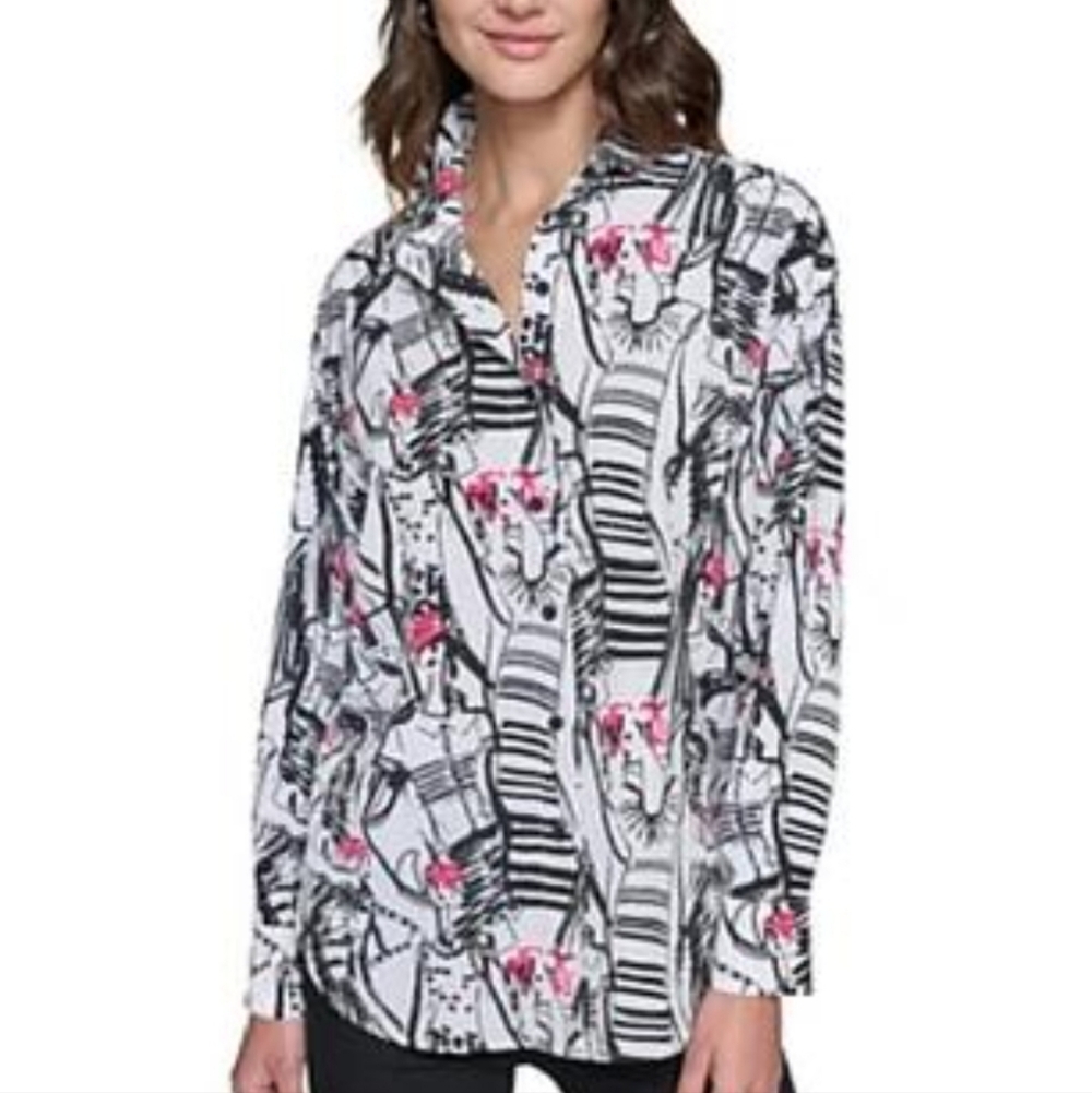Nwt Karl Lagerfeld Black and White Button Down with Pink Highlights Small
